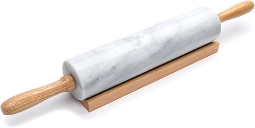 10-Inch White Marble Rolling Pin with W...