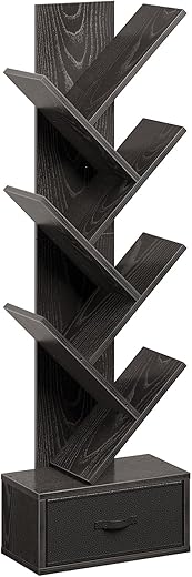 7-Tier Black Bookshelf with Drawer R...