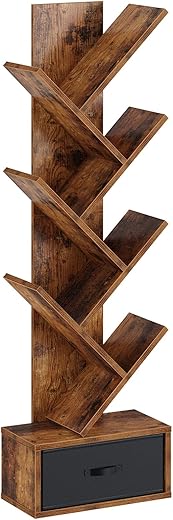 Rustic 7-Tier Tree Bookshelf with Drawe...
