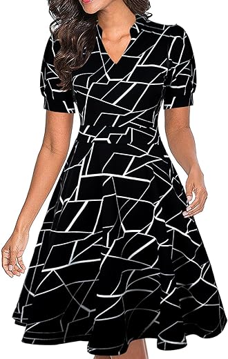 Womens Knee-Length Puff Sleeve Dress wi...