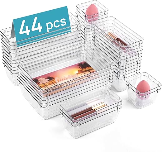 44-Piece Clear Plastic Drawer Organizer...