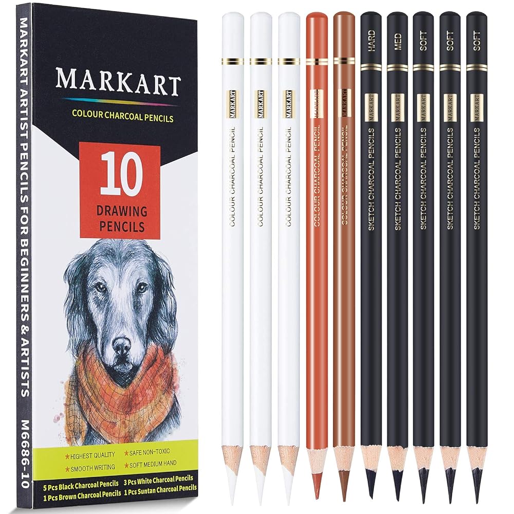 MARKART Colored Charcoal Pencils Set, 10 Pieces