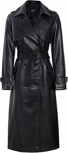 Womens Faux Leather Maxi Trench Coat &#...