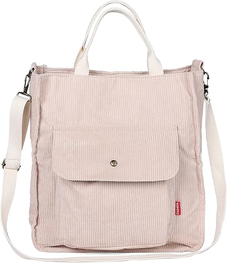 Beige Corduroy Crossbody Tote Bag for W...